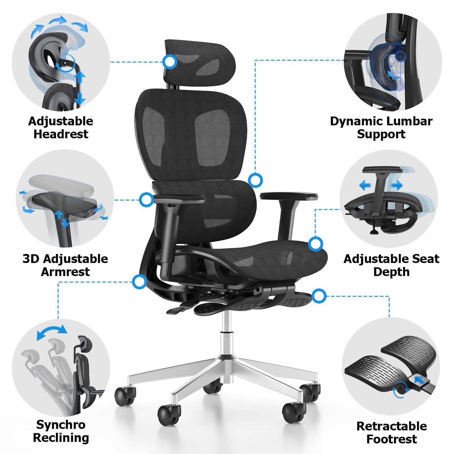 PatioMage Ergonomic Office Chair, Big and Tall Desk Chair with Adjustable Lumbar Support & Seat Depth, High Back Computer Chair, Swivel Mesh Chairs with Wheels for Home Office, Black
