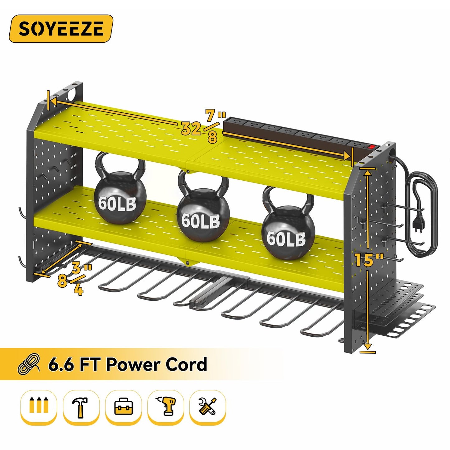 SOYEEZE Large Power Tool Organizer Wall Mount with Charging Station, 3 Layer Heavy Duty Metal Tool Storage Rack with 8 Drill Holder, Tool Holder Built in 8 Outlet Power Strip (Green)