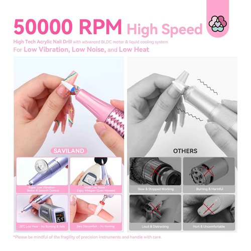SAVILAND 50000RPM Electric Nail Drill Professional: Rechargeable Portable Efile Nail Drill Kit Strong-Power Nail File Electric 2 Ceramic Bit 11 Drill Bits for Nail Tech Fast Remove Acrylic Nail Salon