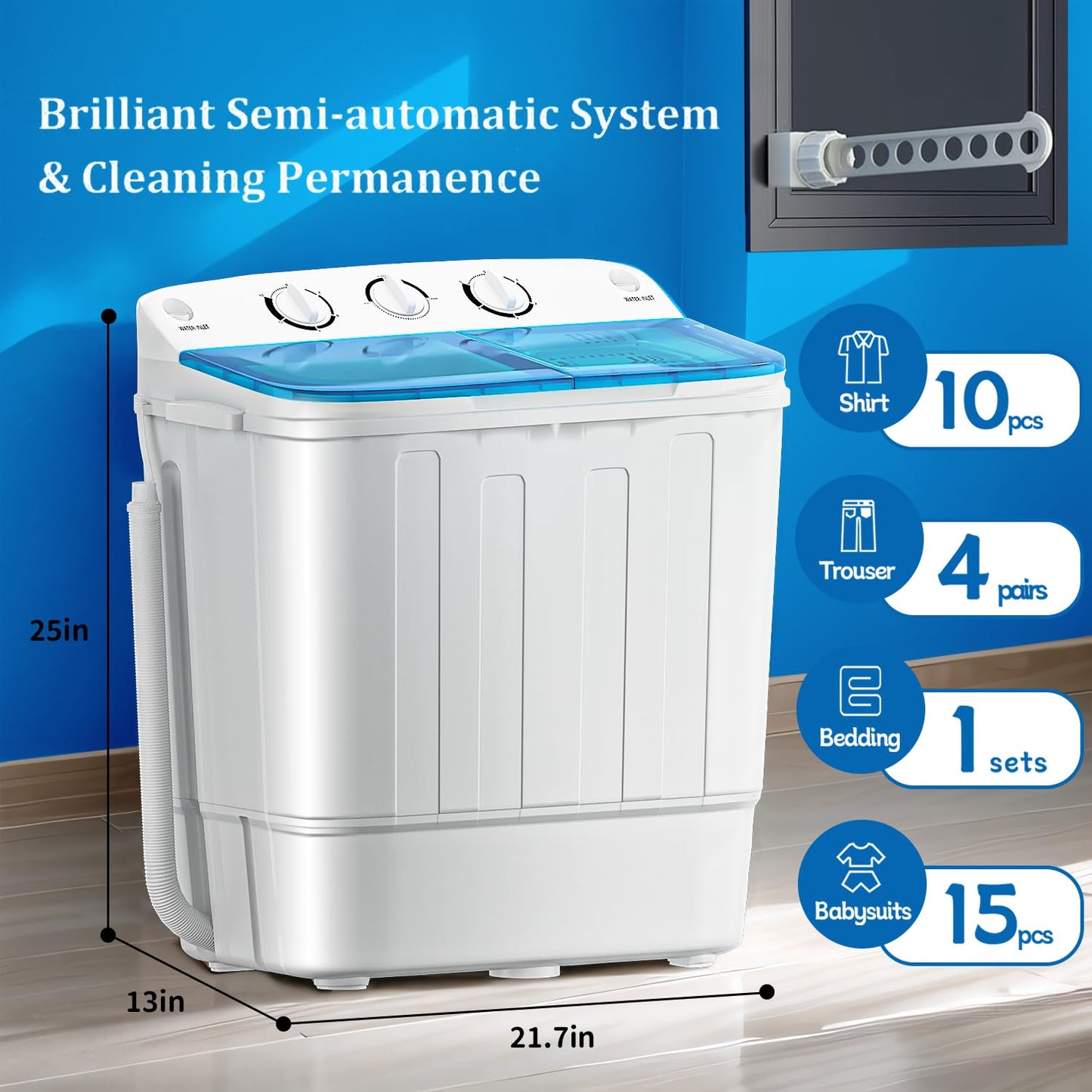 Erivess Portable Twin Tub 18lbs Washing Machine with Drying Rack, 11lbs Washer Mini Compact Laundry Machine with 7lbs Spinner, Semi-automatic Washer Combo for Dorms, Apartments