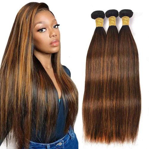 Giginger Brazilian Human Hair Bundles 24 26 28 Inch Straight Wave Bundles Human Hair Brazilian Chocolate Brown Highlight P4/30 Brazilian Unprocessed Virgin Quick Weave Hair for Black Women