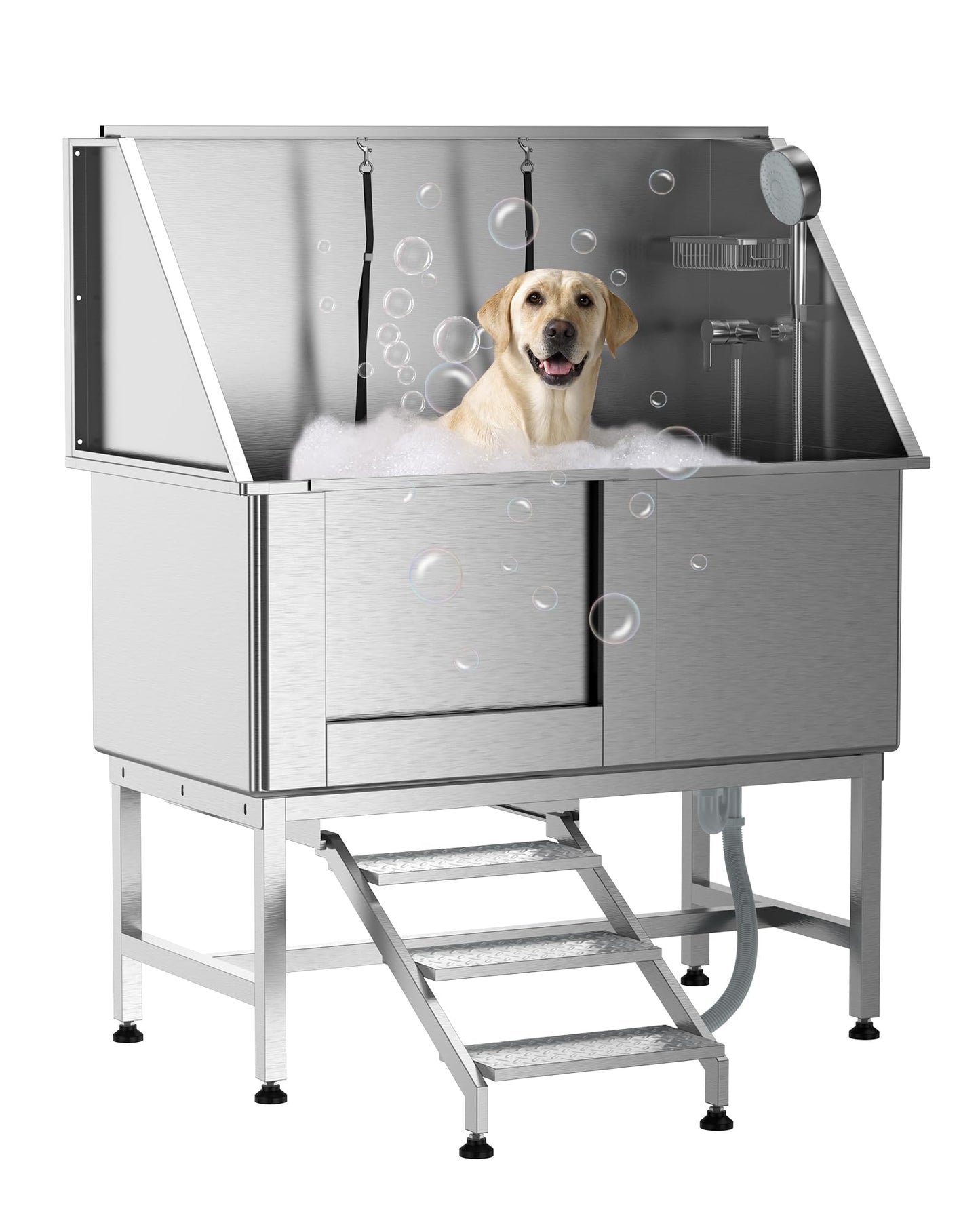 Hipicute 50 inch Professional Stainless Steel Dog Bathing Station, Dog Grooming Tub, with Stairs, Floor Grate & Faucet for Dog Bathtub for Medium & Small Pets