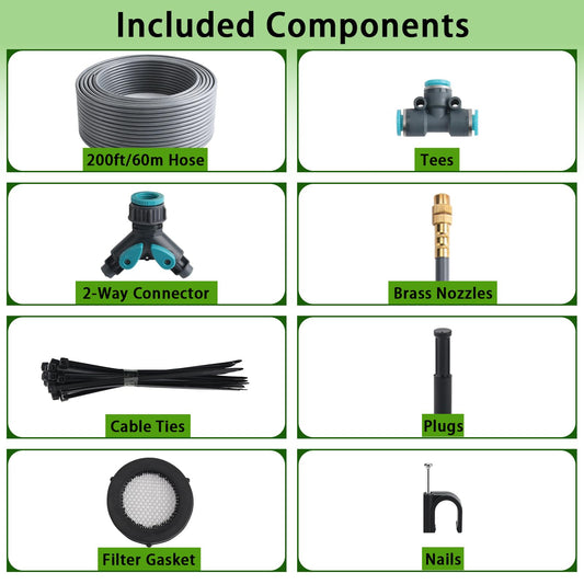 200FT 1/4" Quick-Connect Drip Irrigation System Kit, Automatic Garden Watering System with 32 Pcs Adjustable Spray Nozzles for Garden, Greenhouse, Yard, Lawn
