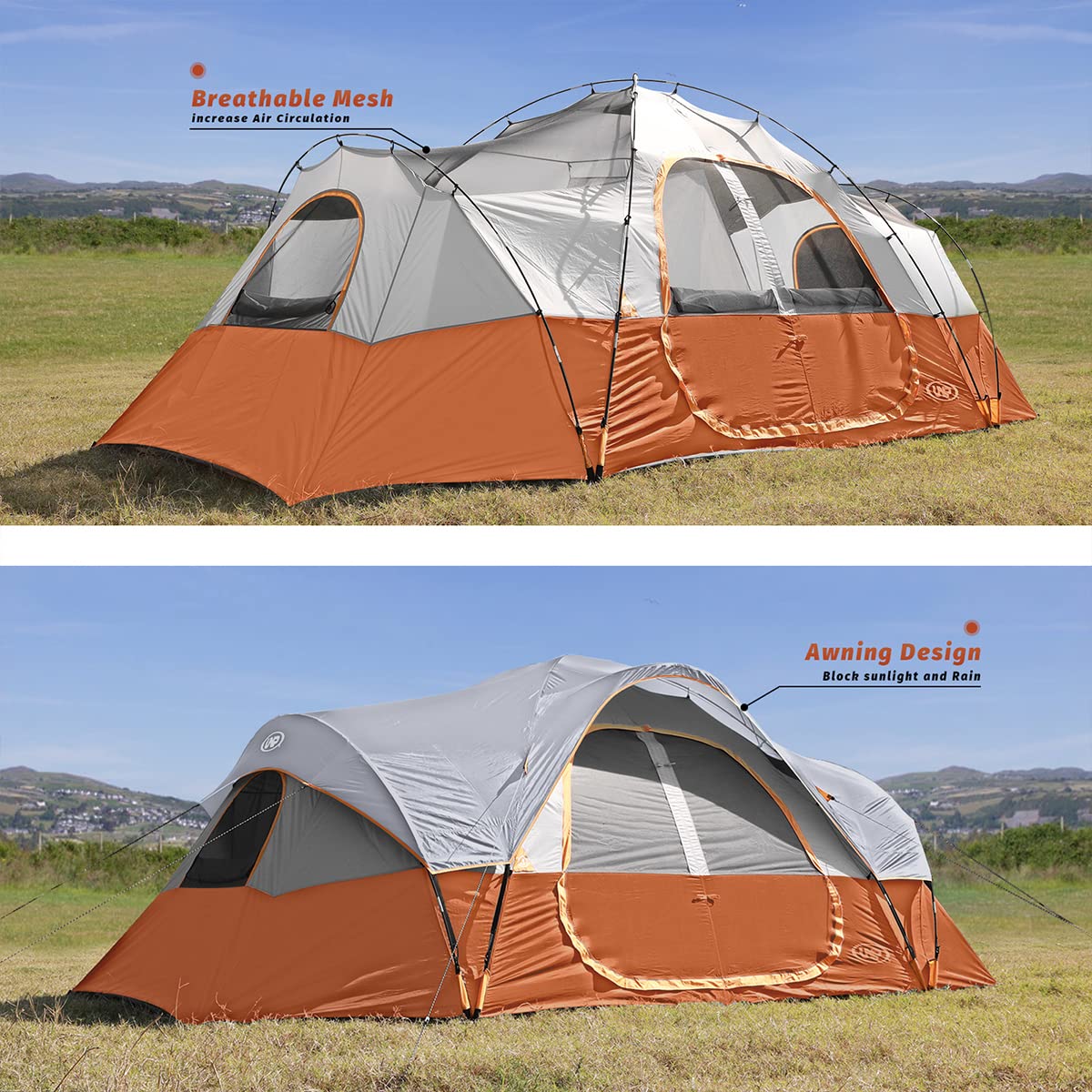 UNP Camping Tent 10-Person-Family Tents, Big, Easy Up, 5 Large Mesh Windows, Double Layer, 2 Room, Waterproof, Weather Resistant, 18ft x 9ft x78in (Orange)