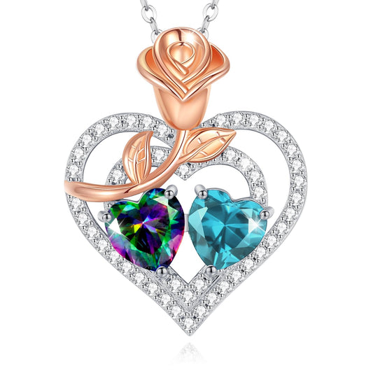 AGVANA June December Birthstone Jewelry Alexandrite Blue Topaz Necklace Sterling Silver Rose Flower Heart Double Birthstone Pendant Necklace Anniversary Birthday Gifts for Women Mom Wife Lady Her