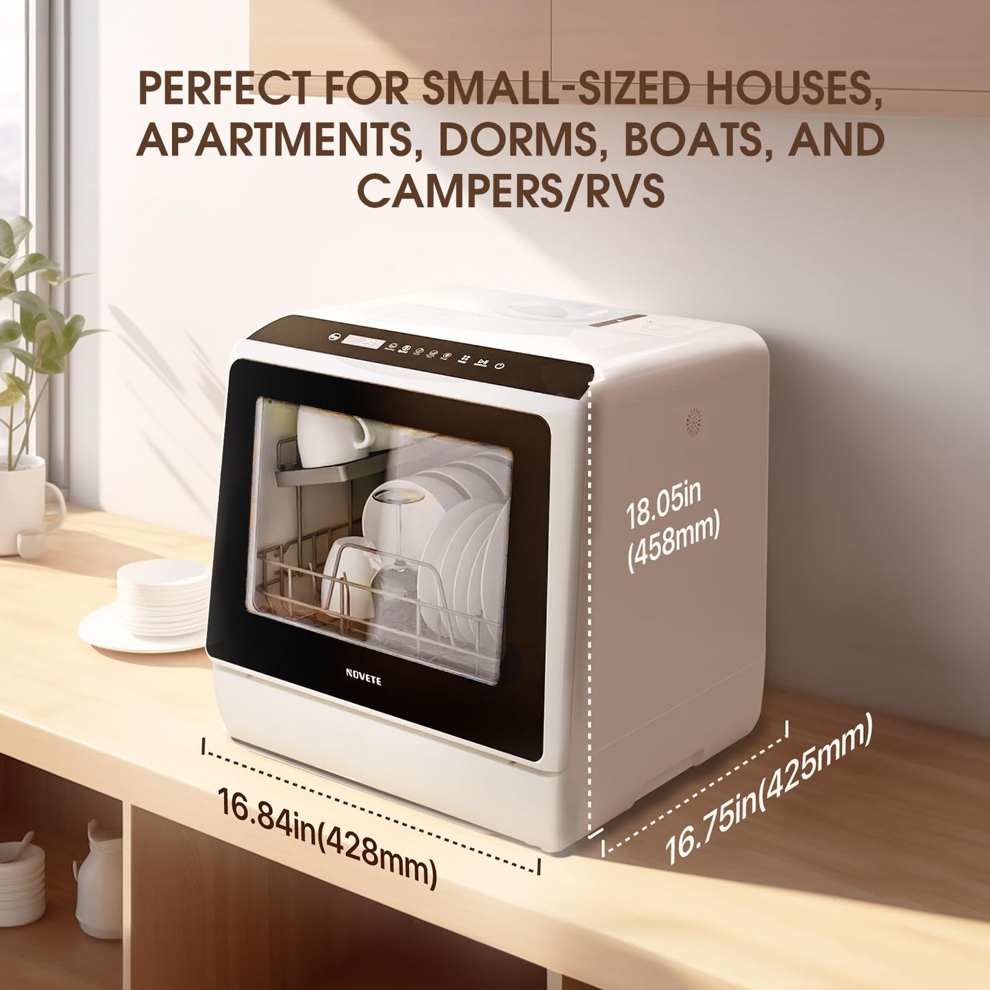 NOVETE Portable Countertop Dishwashers, Compact Dishwashers with 5L Built-in Water Tank & Inlet Hose, 5 Washing Programs, Baby Care, Air-Dry Function and LED Light for Small Apartments
