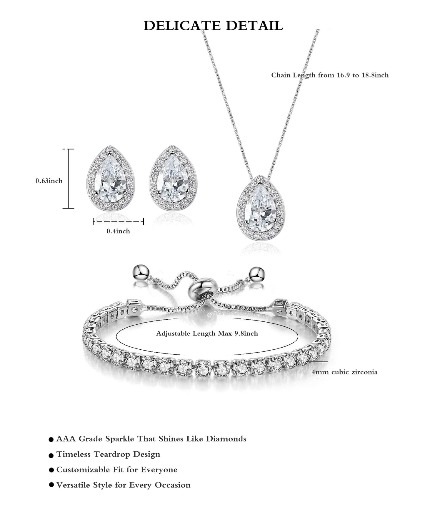 UDYLGOON Teardrop CZ Bridal Jewelry Set Imitation Diamond Earrings Necklace Bracelet for Bride Bridesmaids Wedding Prom Party (Tennis-Clear)
