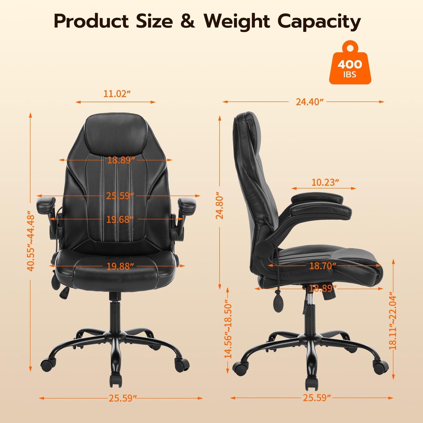 Office Desk Chair, Ergonomic Computer Chair with Padded Flip-Up Arms and Adjustable Lumbar Support, PU Leather Executive Chair with Tilt Lock and 360° Swivel Rolling Wheels for Work, Study