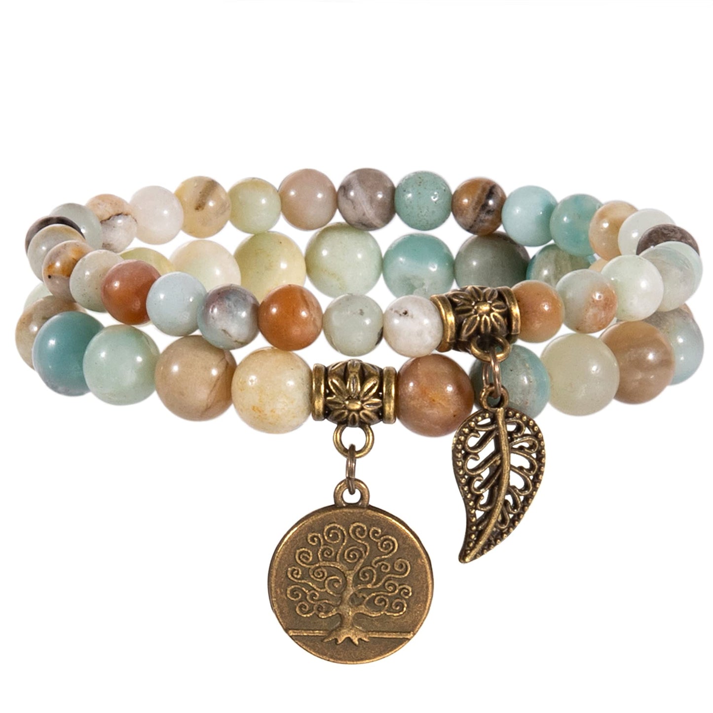 Bivei Natural Semi Precious Gemstone Beads Bracelet for Women - Life Tree and Leaf Charm Chakra Energy Anxiety Stretch Bracelets (Amazonite Beads)