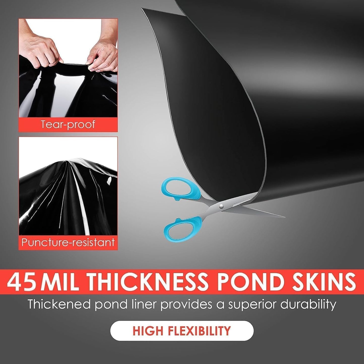 SierraSquad 10x10 ft Pond Liner, 45 Mil Thickness, Pliable & Durable EPDM Material, Easy Cutting & UV Resistant, for Fish or Koi, Features, Waterfall Base, Fountains and Water Gardens
