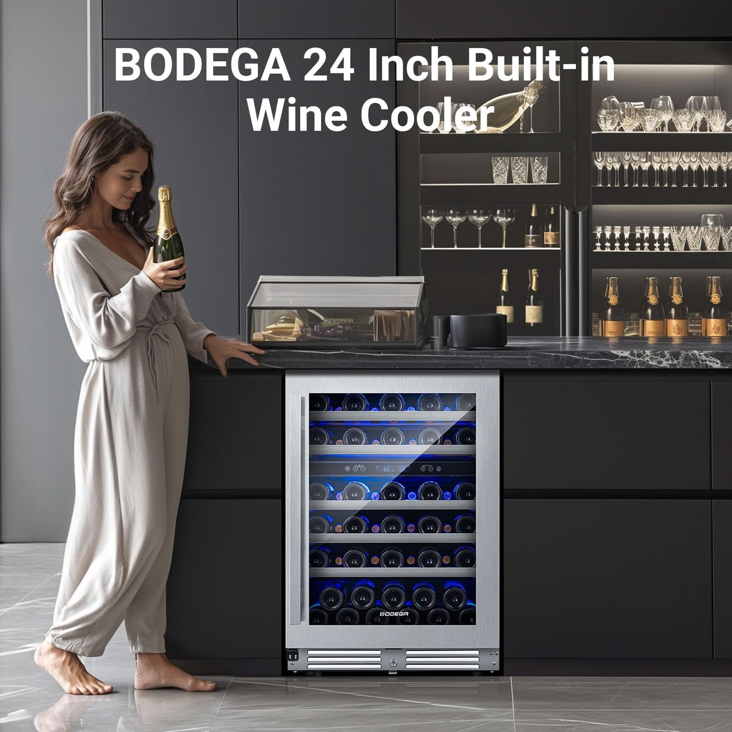 BODEGA 24 Inch Dual Zone Wine Cooler, 56 Bottle Wine Refrigerator, Built-In or Freestanding Wine Fridge, Fast & Quiet Cooling for Red, White, Sparkling Wines.