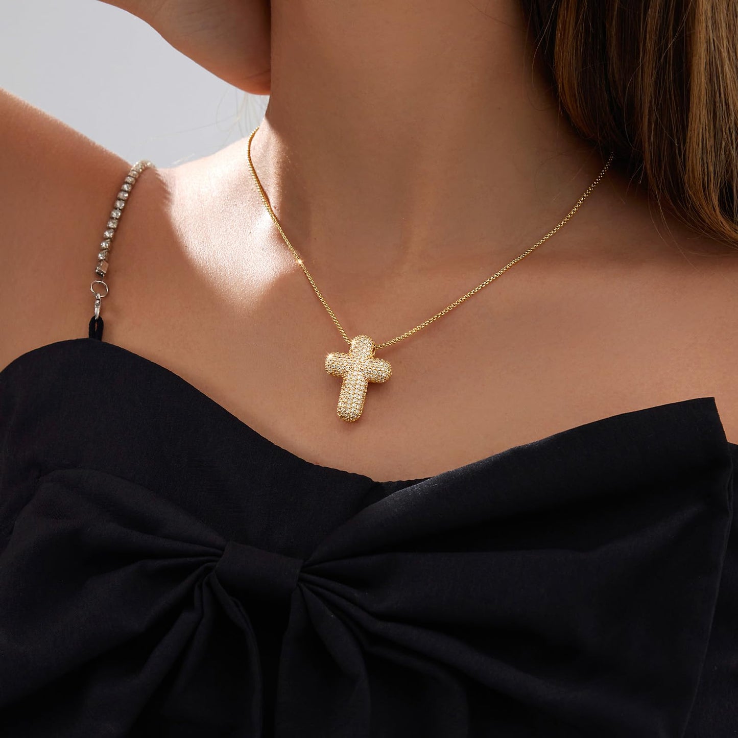 OGD Cross Necklace for Women Gold Plated 14K Dainty Cross Chain Pendant Trendy CZ Diamond Crucifix Charm Bubble Necklace Non Tarnish Hypoallergenic Faith Choker Religious Gifts for Women