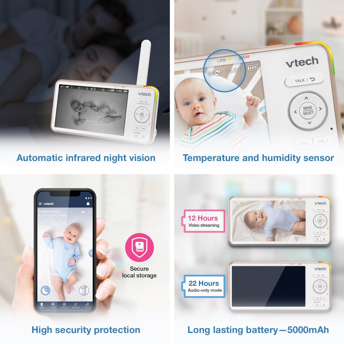 VTech V-Care VC2105 1080p FHD Over-The Crib Mount Smart Baby Monitor 5” 720p LCD Screen,Table Stand,Remote Access,Versatile Placement,Intelligence Detection, Sleep Analysis,18hrs Recording,with WiFi