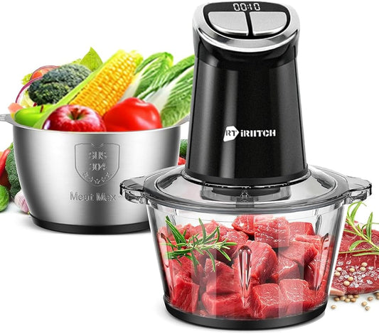 IRIITCH Food Processor with LED Timer, 800W Electric Chopper with 2 Bowls, Stainless Steel and Black, 2 Bi-Level Blades, Meat Grinder for Nuts, Onion, Garlic, Baby Food