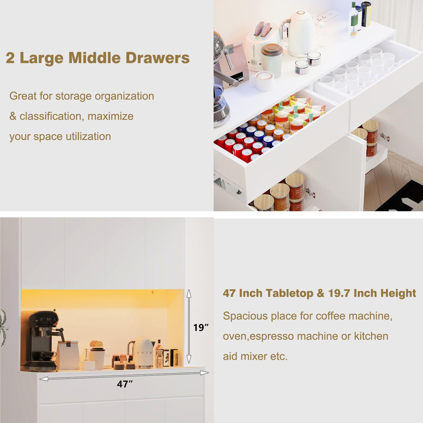 71" Tall 47" Wide Large Kitchen Pantry Storage Cabinet w/ Power Outlet,Led Light, Kitchen Hutch Pantry Cabinet w/ 2 Drawer and 8 Doors,Modern Freestanding Buffet Cabinets for Kitchens,Dining Room
