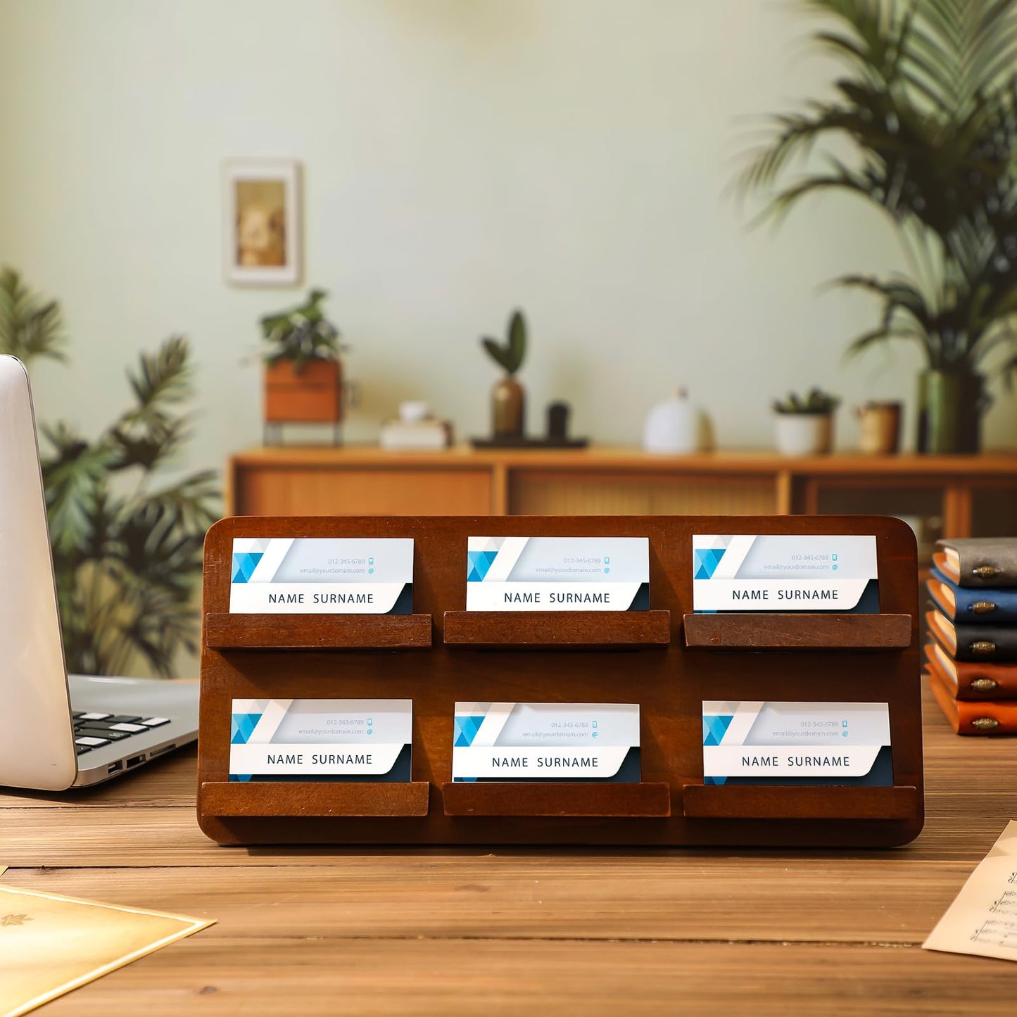 Leinuosen 2 Tie Wood Business Card Holder for Desk 6 Slot Multiple Business Card Organizer Desktop Cards Display Stand Storage Detachable for Office Exhibition Meeting Home Men Women, 13 x 6.3 Inch