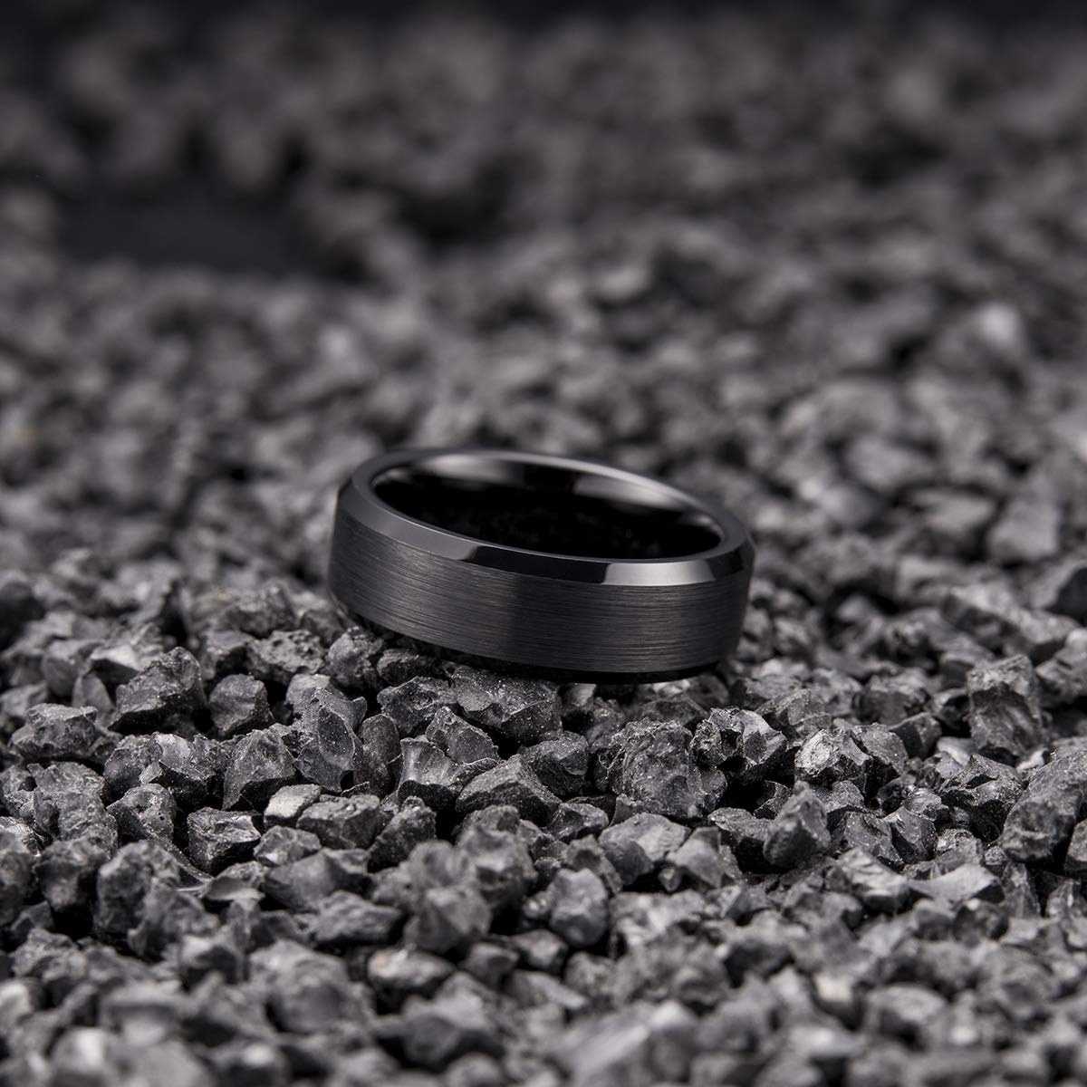 King Will 7mm Men's Black Wedding Ring - Brushed Matte Surface, Beveled Polished Edge, Comfort Fit Size 9.5