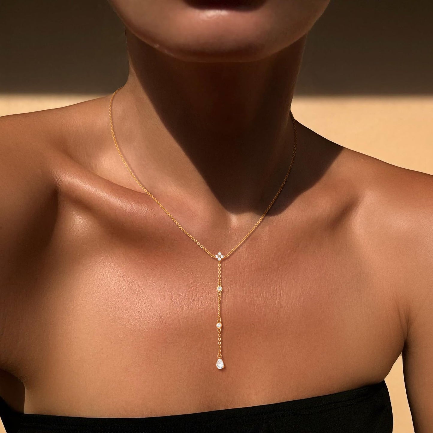 CHESKY Dainty Long Gold Necklaces for Women Trendy, Lariat Y Necklace 14k Gold Plated Layered Drop Necklaces Simple Handmade Cz Pendant Chain Gold Jewelry for Women Gifts