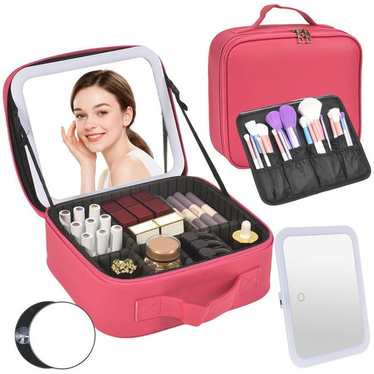 Yaliang Travel Makeup Bag, Portable Makeup Case with LED Mirror, Removable Mirror with 3 Color Modes, 6 Adjustable EVA Dividers for Brushes Toiletry Jewelry Digital Accessories, Off White