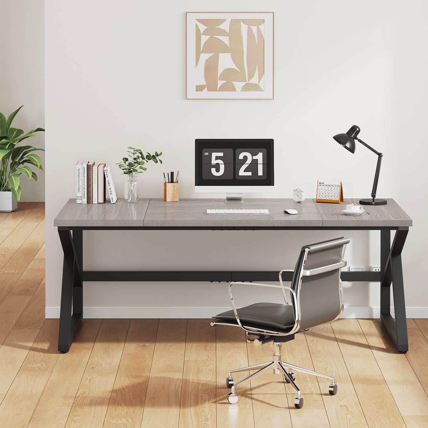 IBF 70 Inch Large Home Office Desk, Industrial Long Executive Work Writing Study Computer Table, Farmhouse Big Metal Wood Double Desk for Bedroom Living Room, Rustic Dual Monitor Desk, Light Grey