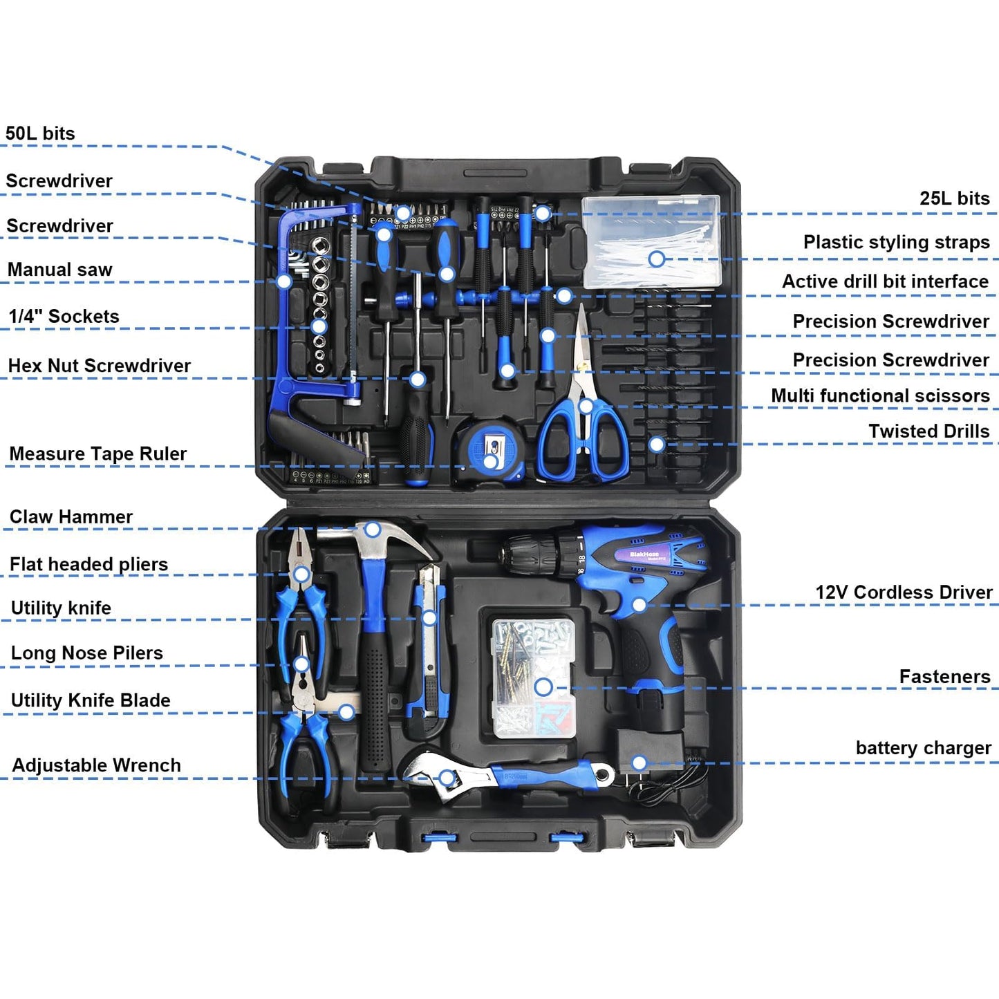 Tool Box-261-Piece Home Tool Kit with 12V Cordless Drill & Accessories | Electric Power Drill Driver Tool Set for House, Garage, Garden, Office DIY Repairs & Projects