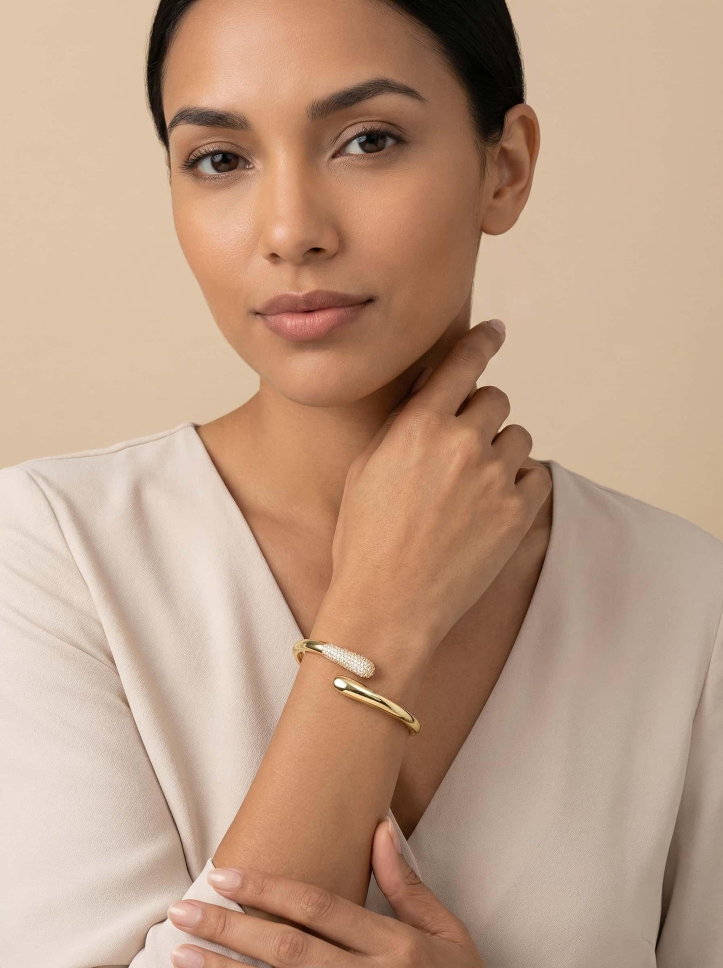 mulanci Gold Cuff Bracelets for Women, 14K Gold Plated Open Cuff Bangle Bracelet with CZ Pave, Minimalist Stackable Chunky Gold Bracelet for Women
