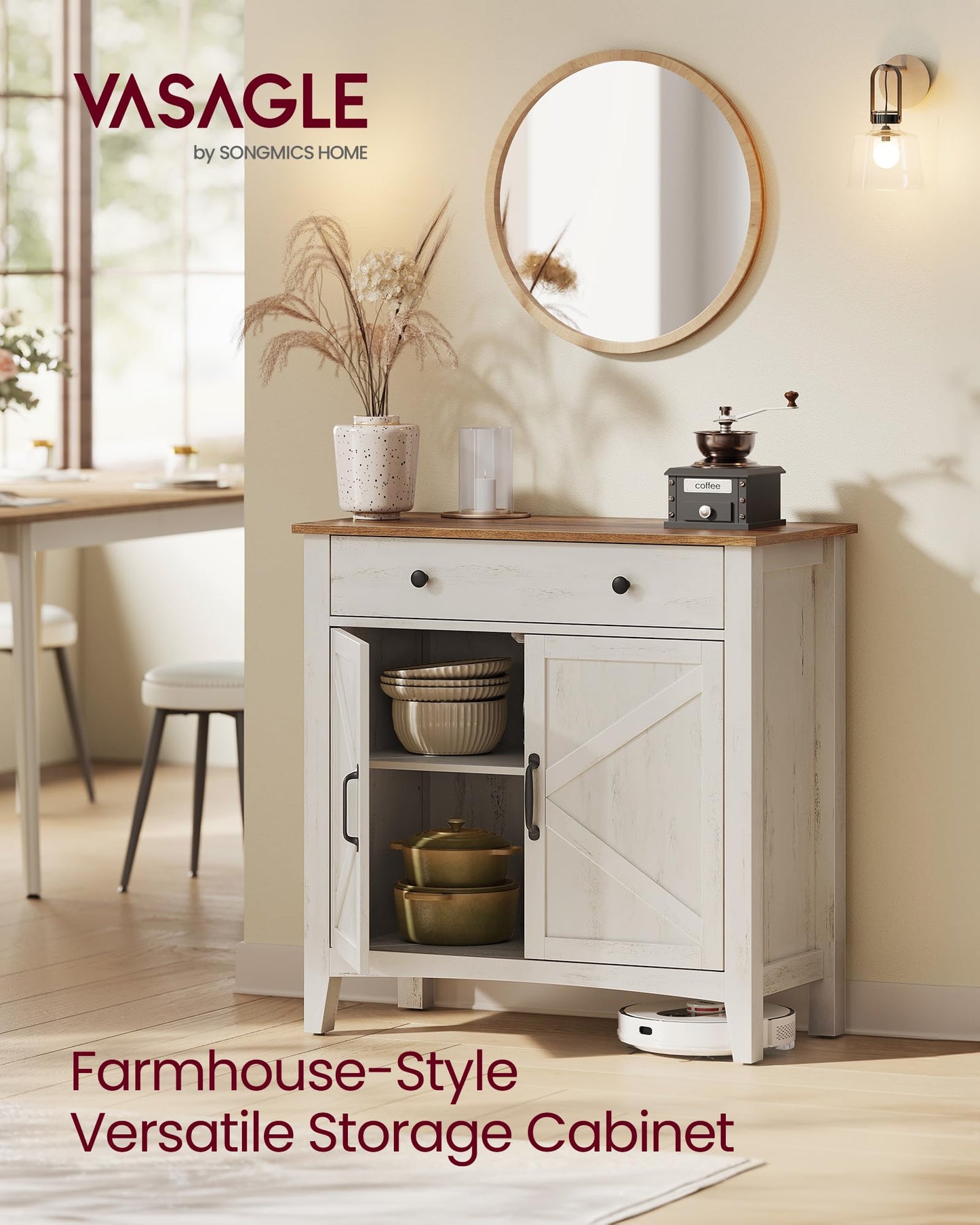 VASAGLE LIRY Collection - Buffet Cabinet, Coffee Bar Cabinet with a Drawer, Adjustable Shelf, Sideboard Storage with Cable Hole, Drawer Divider, Rustic White and Honey Brown UBBK341W01