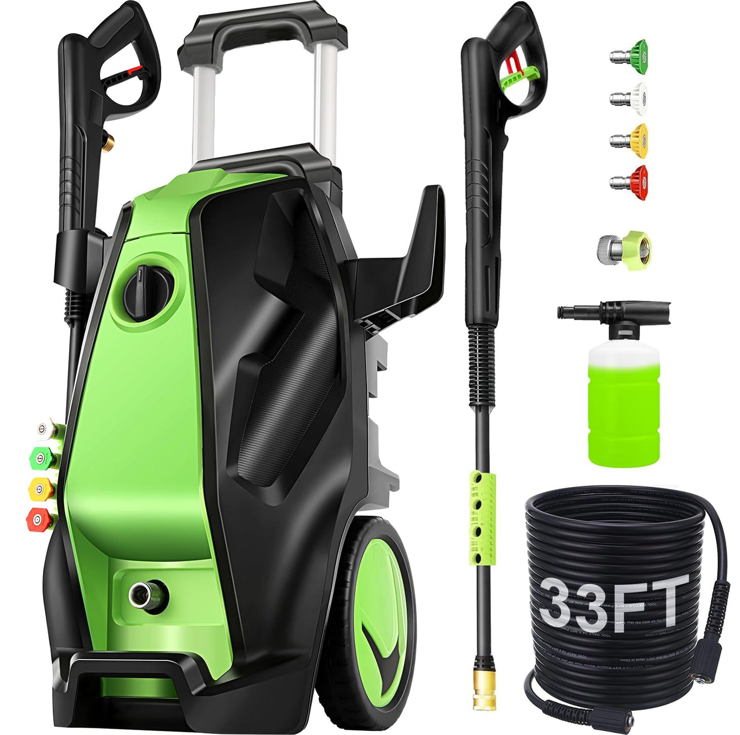 commowner 5000PSI Pressure Washer with 33FT Hose Power Washers Powered Professional High Pressure Washer Machine, Foam Cannon, 4 Tips, powerwashers for Home Cars, DGreen