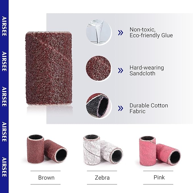 AIRSEE Sanding Bands for Electric Nail Drill 100 Piece Set 180 Grit Medium Acrylic File Attachments Professional Sander 1 Mandrel Bit Beauty Salon Accessories Manicure and Pedicure Finger Callus Brown