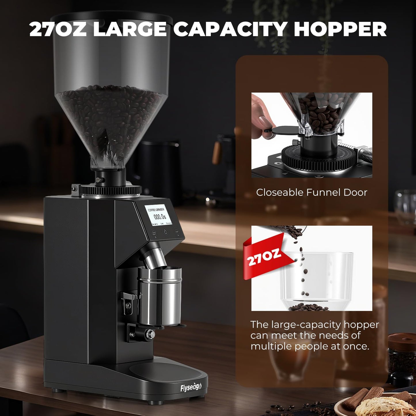 Flyseago Electric Coffee Grinder Commercial, Stainless Steel Flat Burr, Touch Screen with 19 Adjustable Settings, 28oz Large Hopper for Espresso, Black