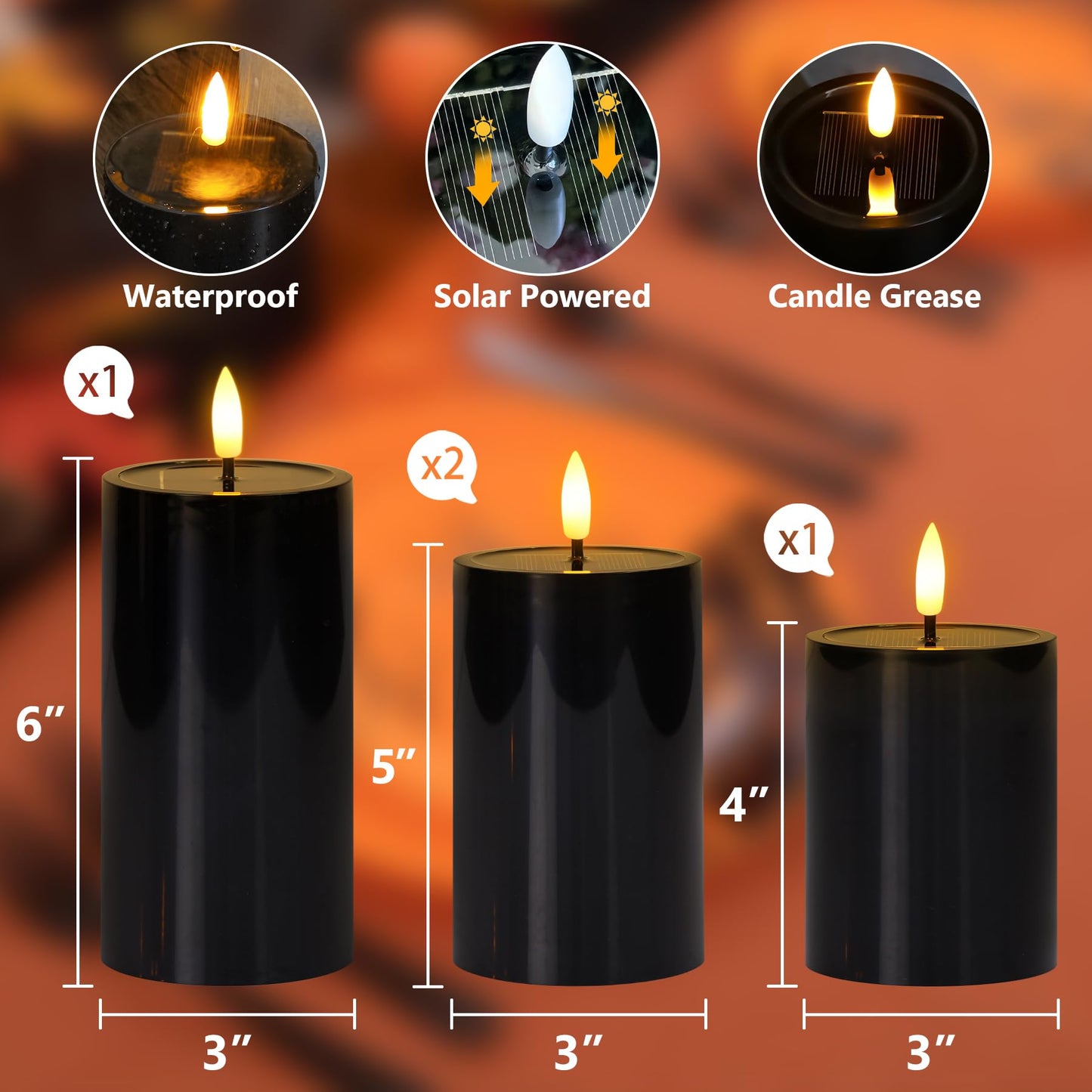 Mavandes Solar Powered Waterproof Flameless Pillar Candles with Candle Grease, Flickering Dusk to Dawn Battery Operated Pack of 4 Black Plastic LED Outdoor Lighting Halloween (3" x 4"" 5"" 5"" 6"")"