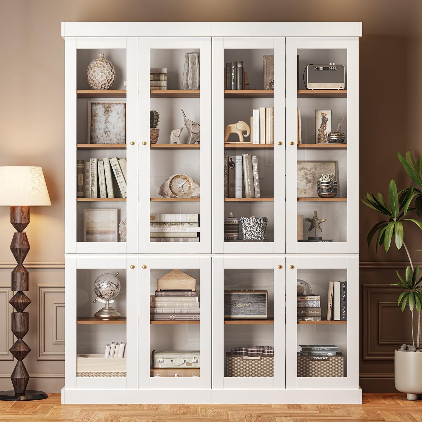 Myricore 70.8" Tall Farmhouse Kitchen Pantry Cabinet with Glass Doors, Modular Storage Cabinet with 6-Tier Adjustable Shelves, Wooden Hutch for Kitchen, Set of 2, White