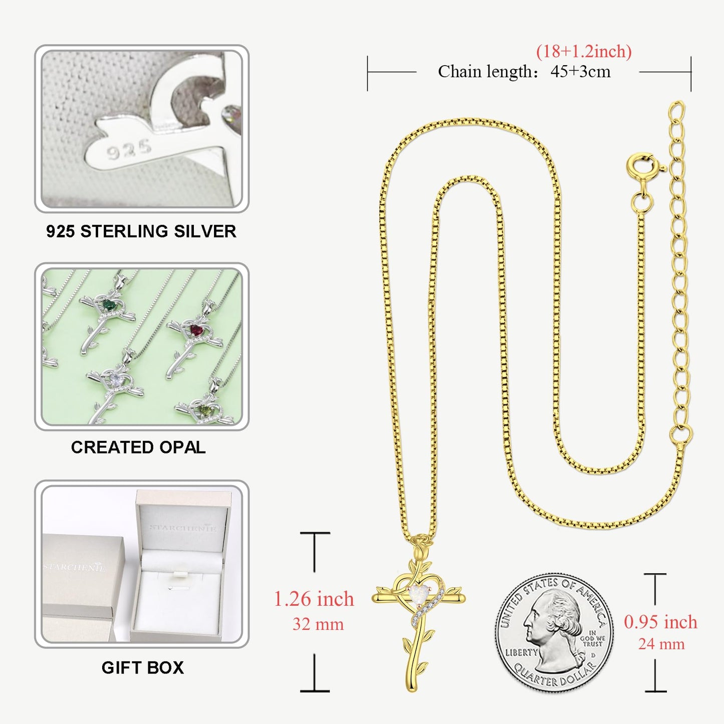 STARCHENIE Rose Cross Necklace, 925 Sterling Silver 14K Gold Plated, Created Opal Heart Pendant, Crucifix Jewelry Gift for Women