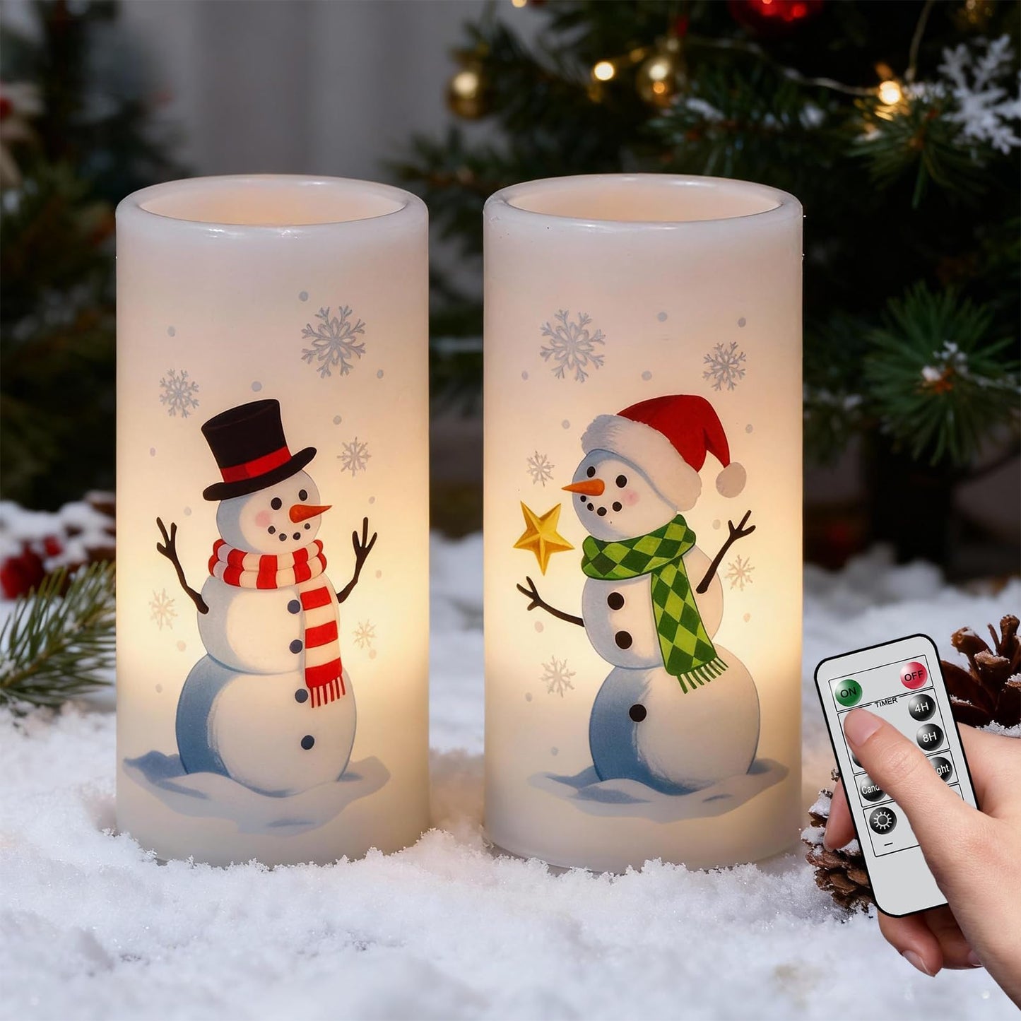 Eldnacele Christmas Snowman Flameless Candles Battery Operated with Remote and Timer Real Wax Flickering LED Pillar Candles Xmas Holiday Indoor Decor(2 Pack, 3" D x 6"" H)"