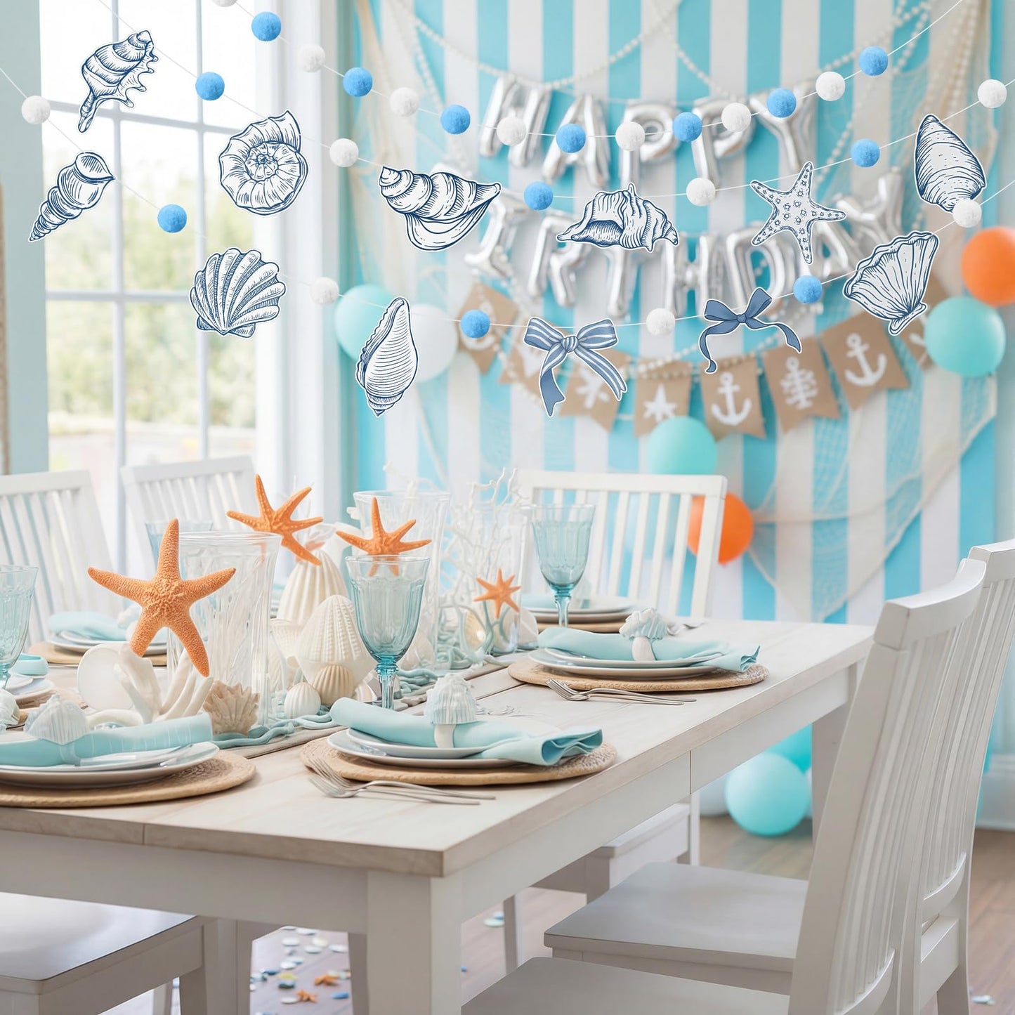 Frienda 3 Pcs Seashell Blue and White Felt Ball Garland Pom Pom Banner Carnival Themed Felt Ball Decoration for Backdrop Birthday Luau Mexican Tropical Party Christmas Decoration
