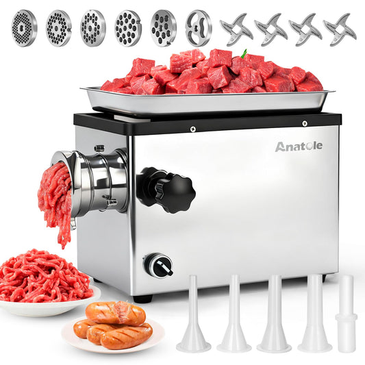Anatole Commercial Electric Meat Grinder 1.8 HP 1300 W Heavy Duty Meat Bones Mincer Stainless Steel Sausage Stuffer with 6 Grinding Plate 4 Blades for Restaurant Hotel 110V