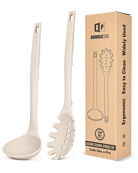 Silicone Pasta Fork and Soup Ladle Set, Heat Resistant Non Stick Kitchen Utensils with Back Hooks, Suitable for Cooking, Stirring, Serving Spaghetti, Soup, Sauce(KHAKI)