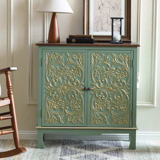 Ahokua Vintage Sideboard Wood Accent Cabinet with Door, Handcrafted Storage Cabinet with Accents-Gold, Antique Green Credenza for Kitchen, Hallway, Entryway, Living Room, Sage Green