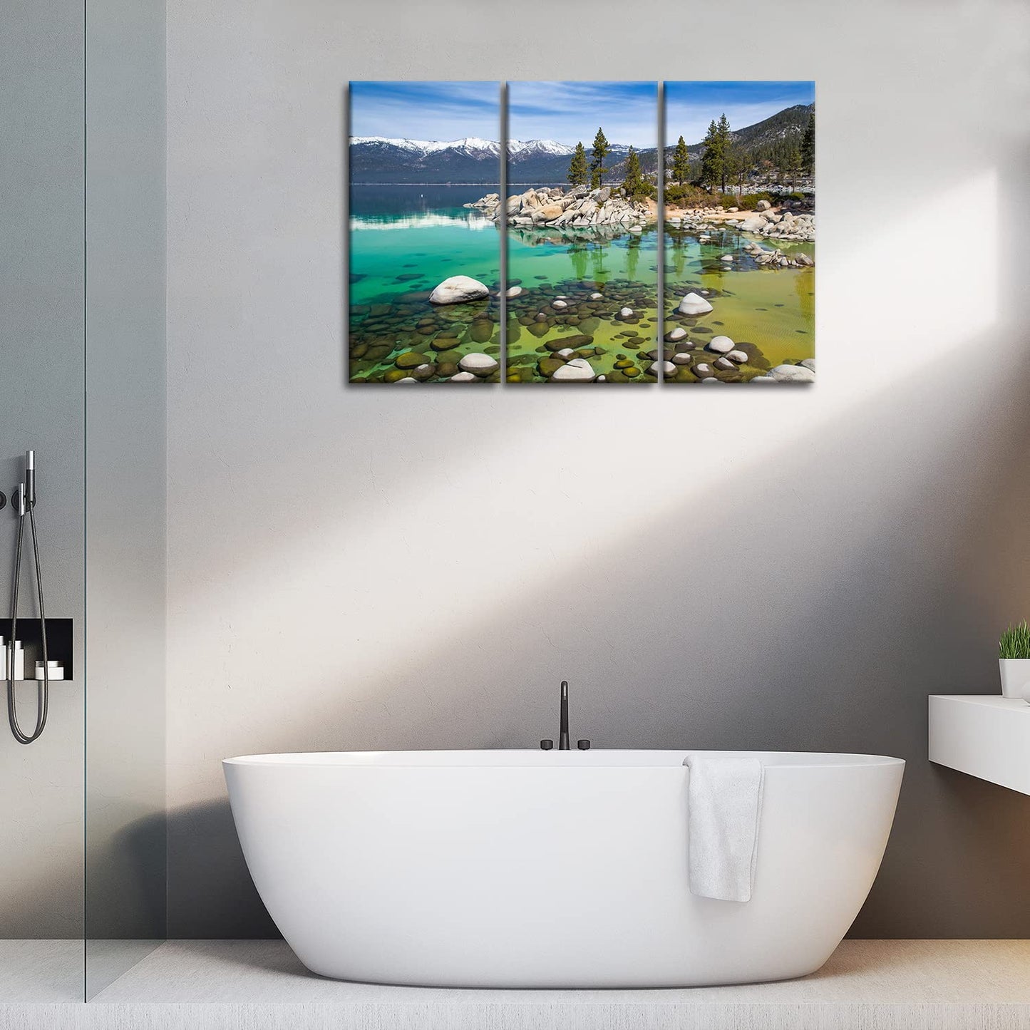 Lake Tahoe Wall Art Decor Clear Turquoise Water and Green Mountain Trees Forest in the California Canvas Pictures Artwork 3 Panel Landscape Painting Prints for Home Living Dining Room