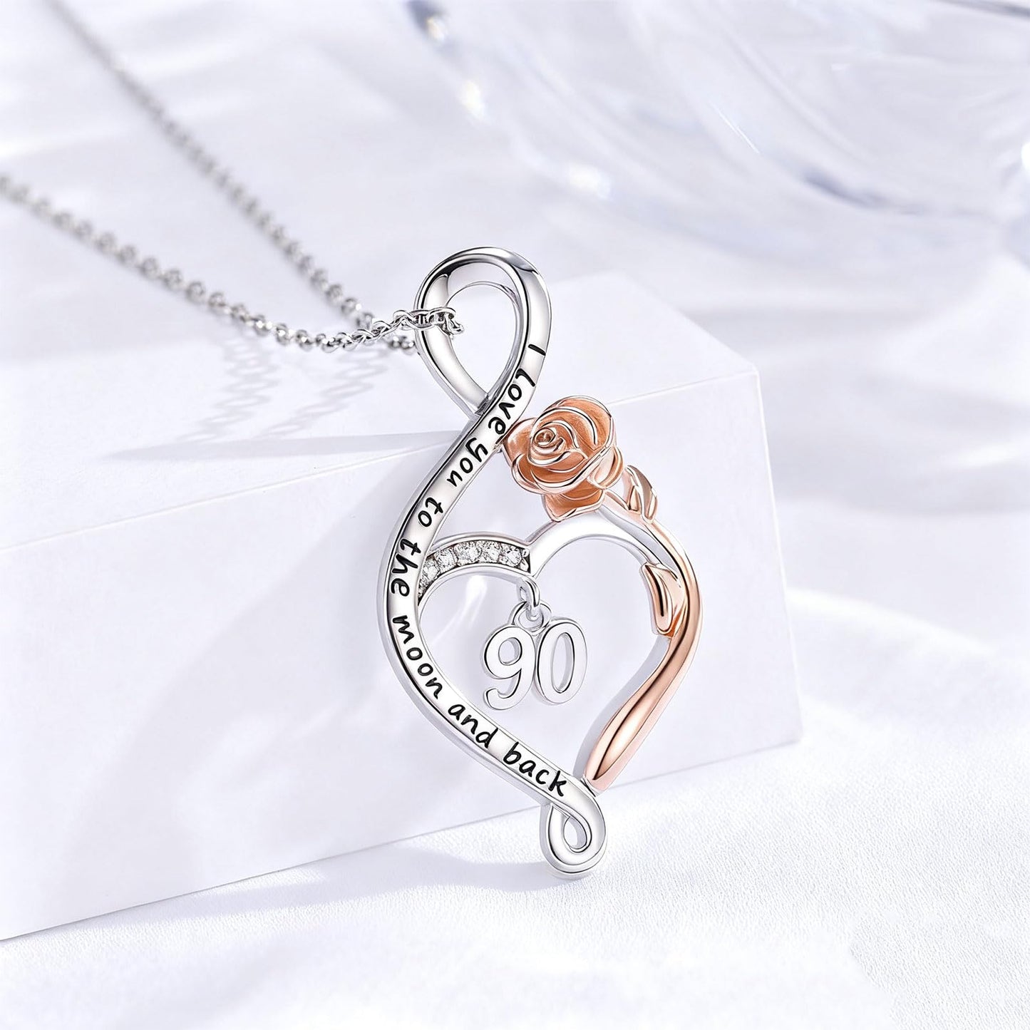 KoyeKei 90th Birthday Gifts for Women 90 Year Old Necklace 925 Sterling Silver Rose Flower Heart Infinity Pendant Jewelry Birthday Mothers Day Gift for Nana Granddaughter