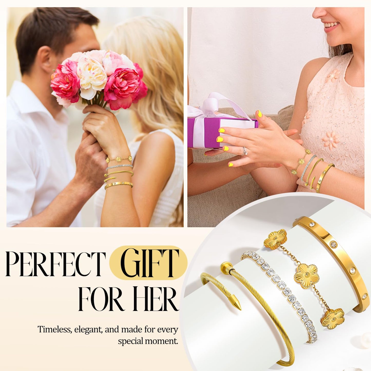 MOINSPIRE 18K Gold Plated Bracelets for Women, Stainless Steel Four Leaf Clover Tennis Nail Love Bangle Bracelets Set, Trendy Stackable Twist Cuff Bracelet Non Tarnish Jewelry Gifts for Christmas