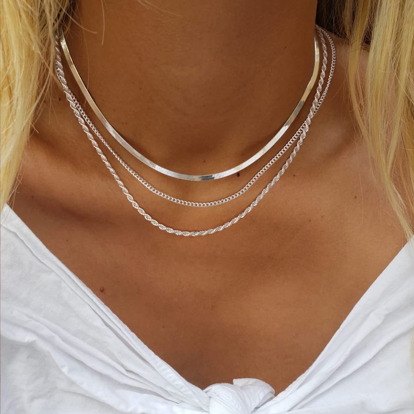 Freekiss Silver Herringbone Necklace for Women, Layered 925 Sterling Silver Necklace for Women Simple Dainty Cuban Rope Snake Link Chain Necklace Set Chunky Choker Silver Womens Jewelry Gifts