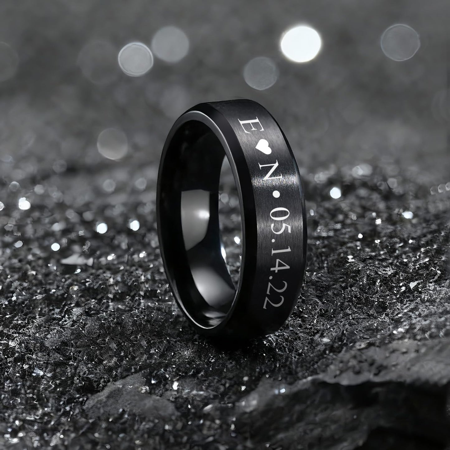 VNOX Customize Jewelry 6MM Black Stainless Steel Beveled Edge Matte Brushed Finish Rings for Men Women,Size 8