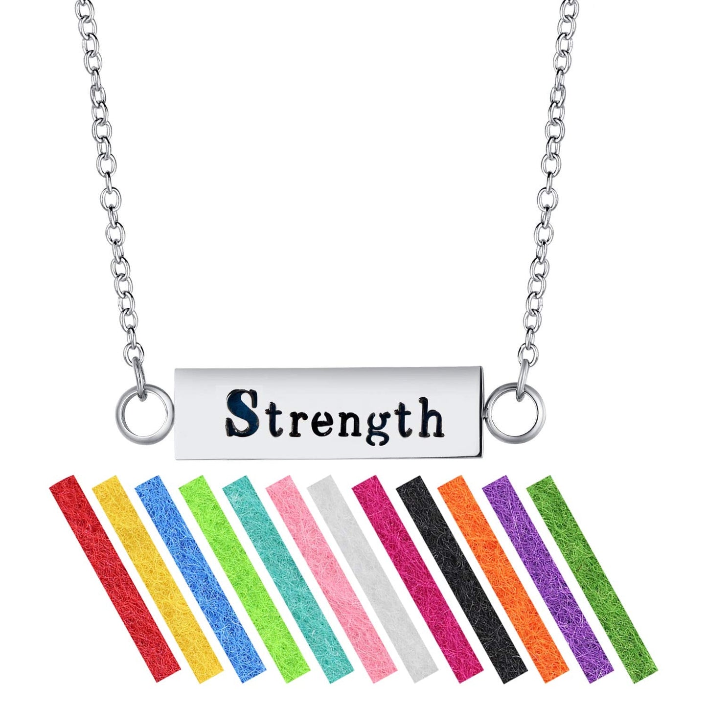 Wild Essentials "Strength" Essential Oil Diffuser Bar Necklace Gift Set - Includes Aromatherapy Pendant, 24" Stainless Steel Chain, 12 Color Refill Pads