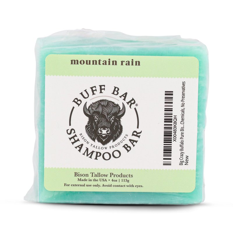 Big Crazy Buffalo Pure Bison Tallow Buff Shampoo Bar, Mountain Rain, (2 pack) - Scents of Sea Salt, Moss, & Freesia - Cleans, Moisturizes, Naturally Derived, No Dyes, No Chemicals, No Preservatives