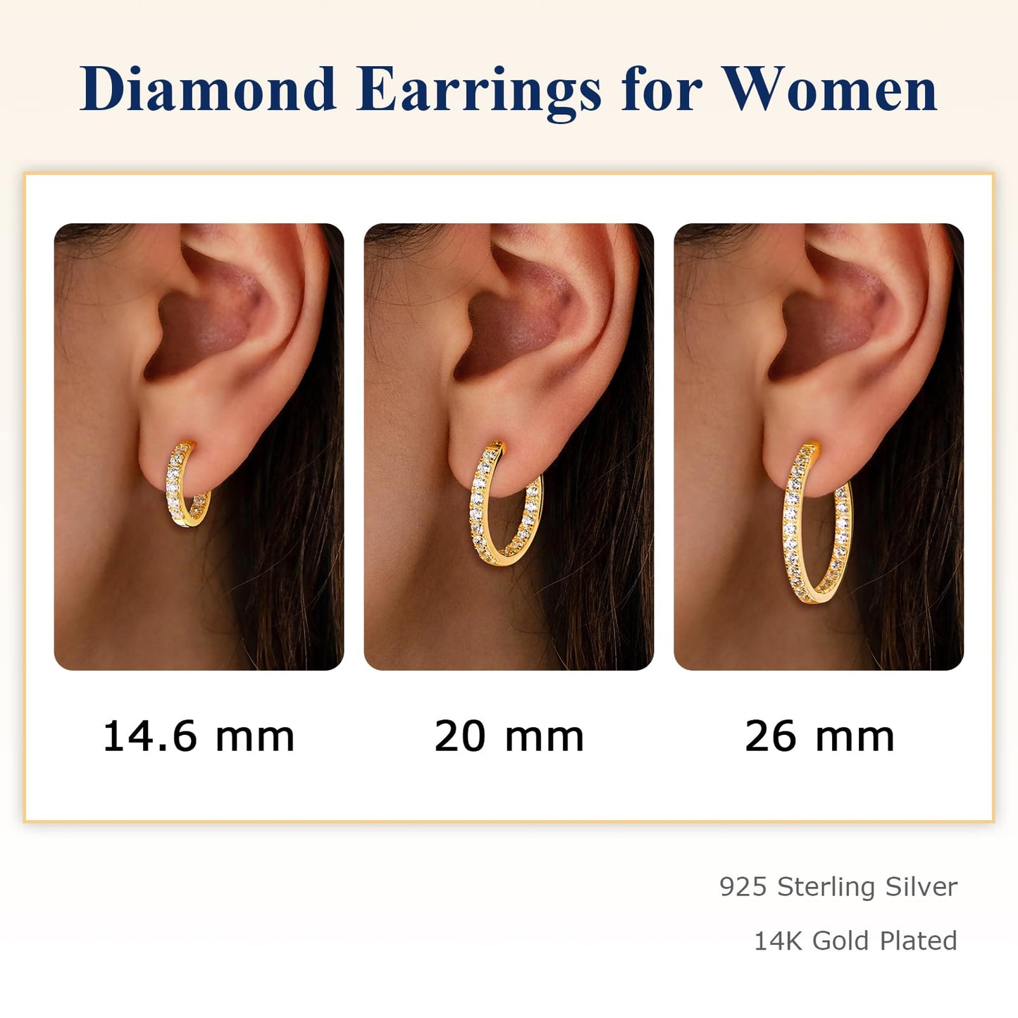 AGRULE 14K Yellow Gold Plated Chunky Huggie Earrings Sparkling Gemstone Sterling Silver Hypoallergenic Lightweight 15mm Diamond Hoop Earrings for Women