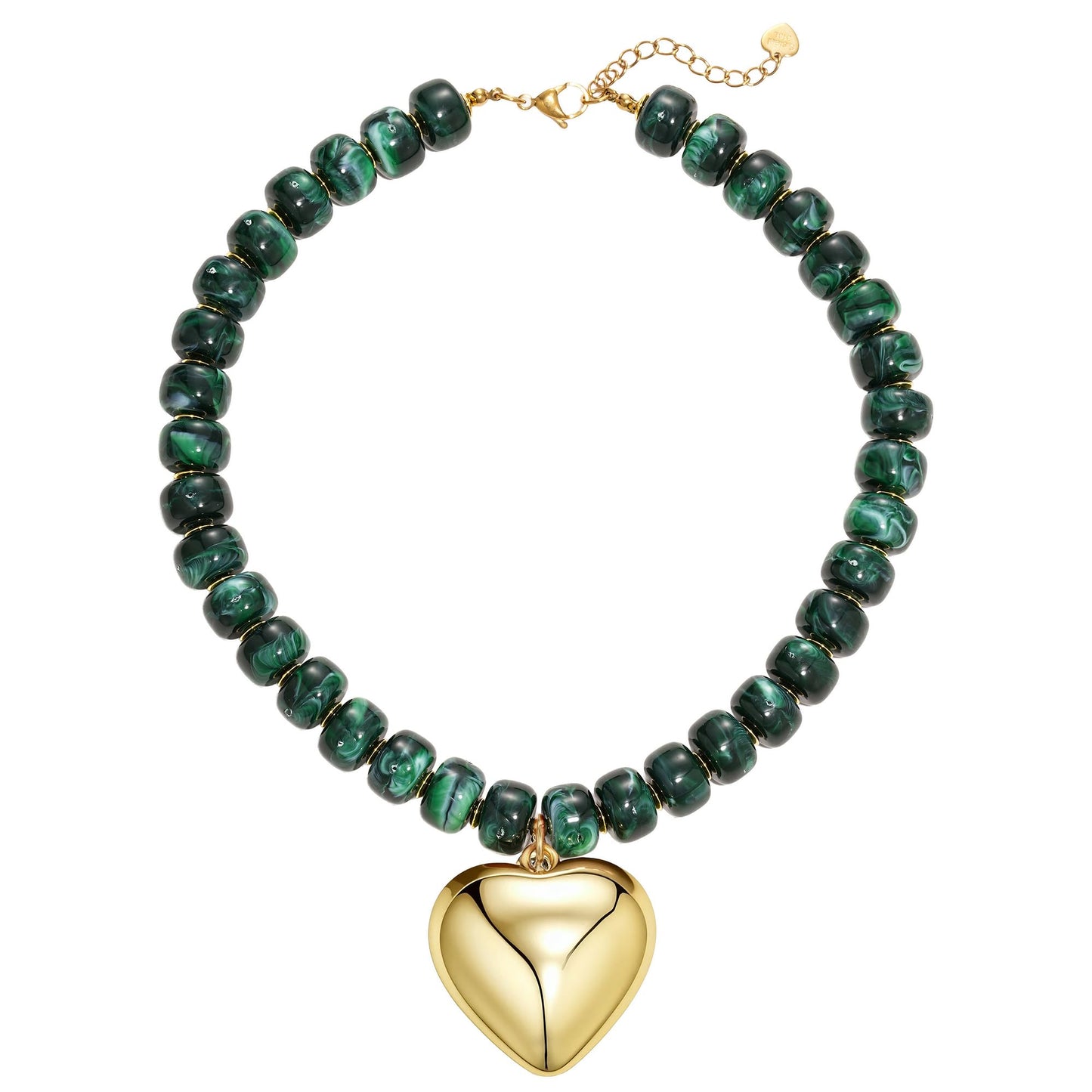 MIUSISHIYU Dark Green Faux Malachite Resin Chunky Necklaces for Women, Trendy Beaded Puffy Gold Heart Pendant Statement Choker, Lightweight Boho Y2K Summer Beach Jewelry