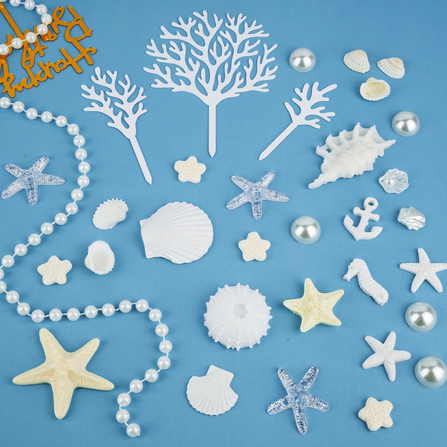 Prospura 34Pcs Beach Cake Topper Set, Under the Sea Theme Decorations with Golden Happy Birthday Sign, Ocean Seashells Starfish Conch for Summer Birthday Party Supplies