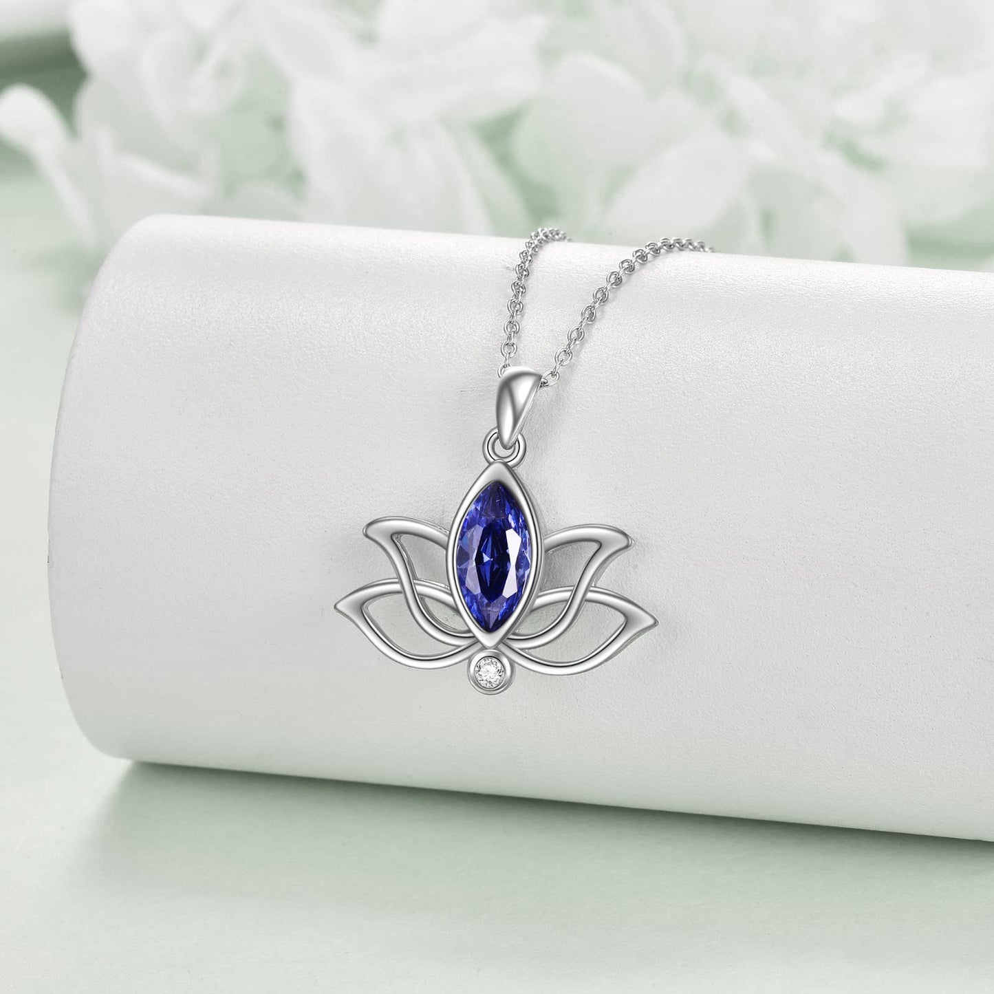 YFN Lotus Necklace Sterling Silver September Birthstone Pendant Created Blue Sapphire Jewelry Gifts for Women (Sep)