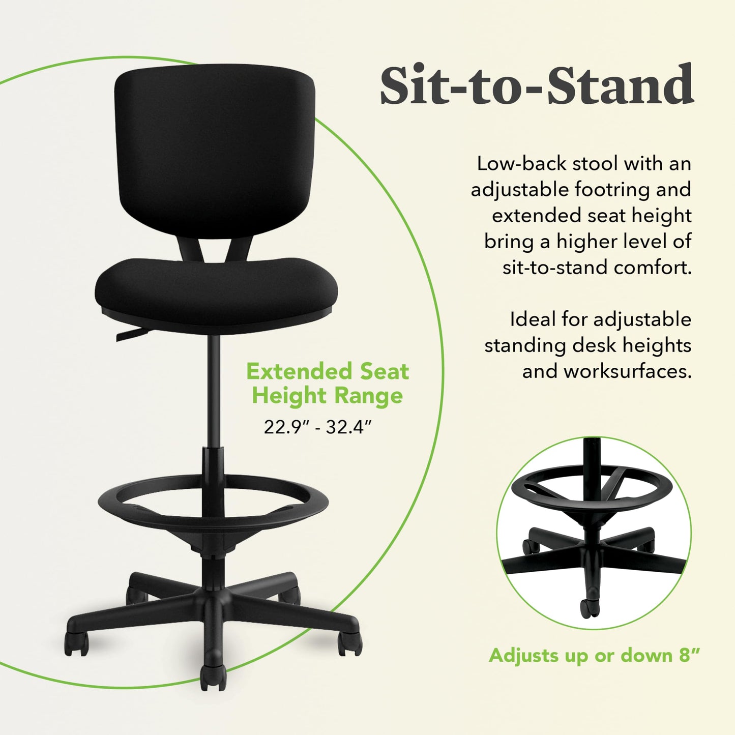 HON Volt Standing Desk Chair, Fabric Home Office Chair with Foot Rest, Armless, Ergonomic Recline and Center Tilt, for Computers, Offices, Work, Black